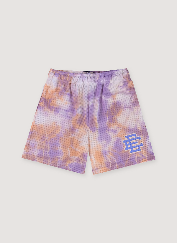 Eric Emanuel Basic Short Tie Dye Lavender Blue single layered mesh shorts with screen printed logos, front view Basic Short Tie Dye Lavender Blue - Authenticated Shorts | Pieces Los Angeles