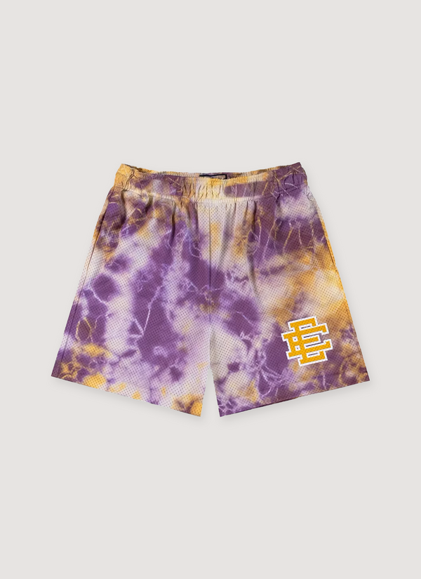 Eric Emanuel Basic Short Tie Dye Purple Yellow mesh shorts, front view Basic Short Tie Dye Purple Yellow - Authenticated Shorts | Pieces Los Angeles