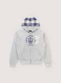 Pieces TKYPD Plaid Hooded Zip Up Sweatshirt Heather Grey with checkered blue white hood, front view Pieces TKYPD Plaid Hooded Zip Up Sweatshirt Heather Grey - Image 1 | Authenticated at Pieces Los Angeles