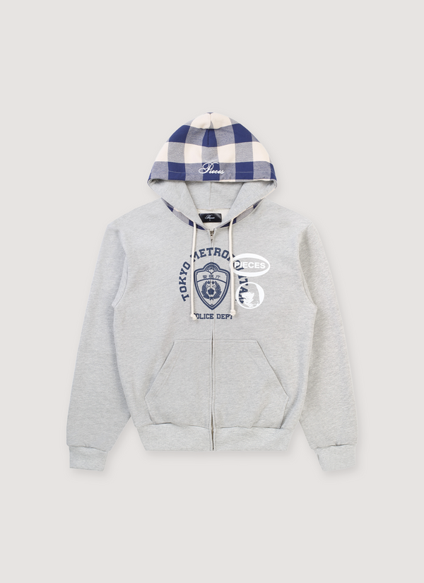 Pieces TKYPD Plaid Hooded Zip Up Sweatshirt Heather Grey with checkered blue white hood, front view TKYPD Plaid Hooded Zip Up Sweatshirt Heather Grey - Authenticated Sweatshirts | Pieces Los Angeles