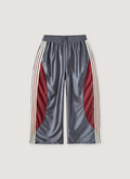 GV Gallery Tracy McGrady Sweatpants Silver Maroon nylon shiny outer pants grey and red with white lines running down the sides of the legs, front view GV Gallery Tracy McGrady Sweatpants Silver Maroon - Image 1 | Authenticated at Pieces Los Angeles