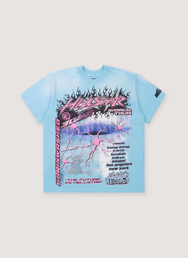 Hellstar Neuron Tour Tee Shirt Light Blue with custom milled cotton, vintage wash, potassium sprayed, printed graphics and oversized fit, front view Neuron Tour Tee Light Blue - Authenticated T-shirts | Pieces Los Angeles