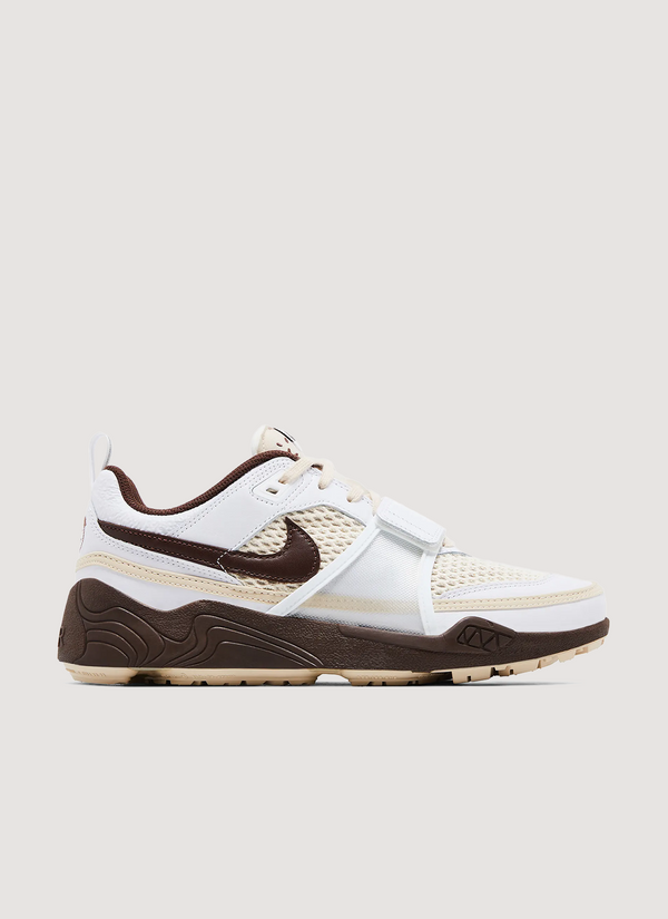 Jordan Travis Scott Zoom Field Jaxx Light Chocolate white, tan, and brown, side profile view Travis Scott Zoom Field Jaxx Light Chocolate - Authenticated Sneakers | Pieces Los Angeles