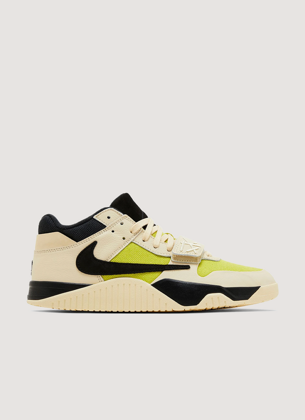 Jordan Jumpman Jack TR Bright Cactus Travis Scott shoes, off-white/tan, black, and green, side profile view Jordan Jumpman Jack TR Bright Cactus - Authenticated Sneakers | Pieces Los Angeles