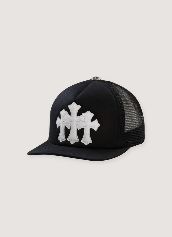 Chrome Hearts Cemetery Cross Trucker Hat Black with .925 silver button, embroidered leather white crosses, back embroidered patch, foam front panels, front view Cemetery Cross Trucker Hat Black - Authenticated Hats | Pieces Los Angeles