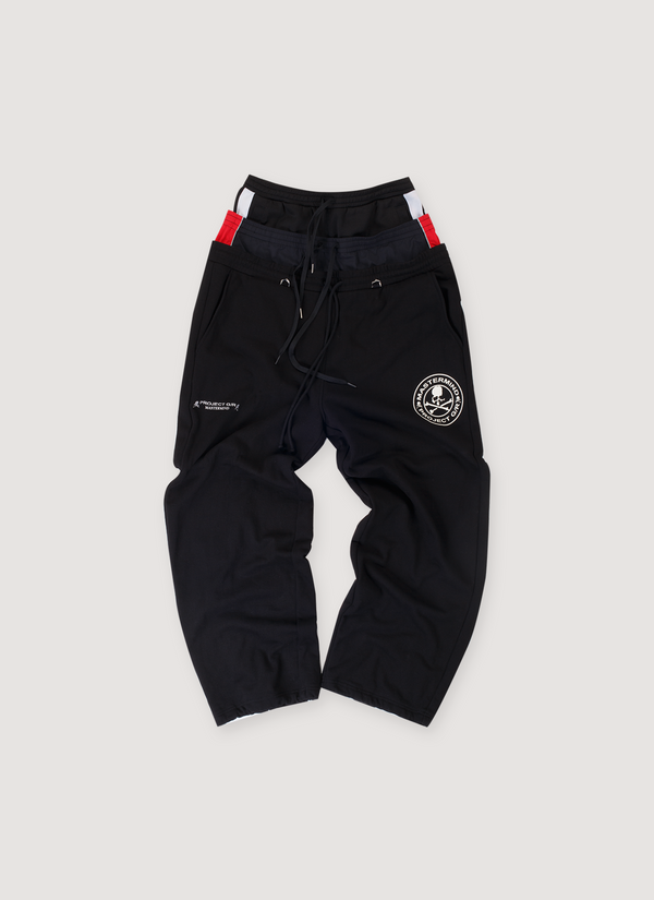 Project G/R Mastermind MMJ 3 Layered Track Pants Multicolor (Pre-Owned) with 3 layers of waistbands, black, red, white, with logos, front view Mastermind MMJ 3 Layered Track Pants Multicolor (Pre-Owned) - Authenticated Trackpants | Pieces Los Angeles
