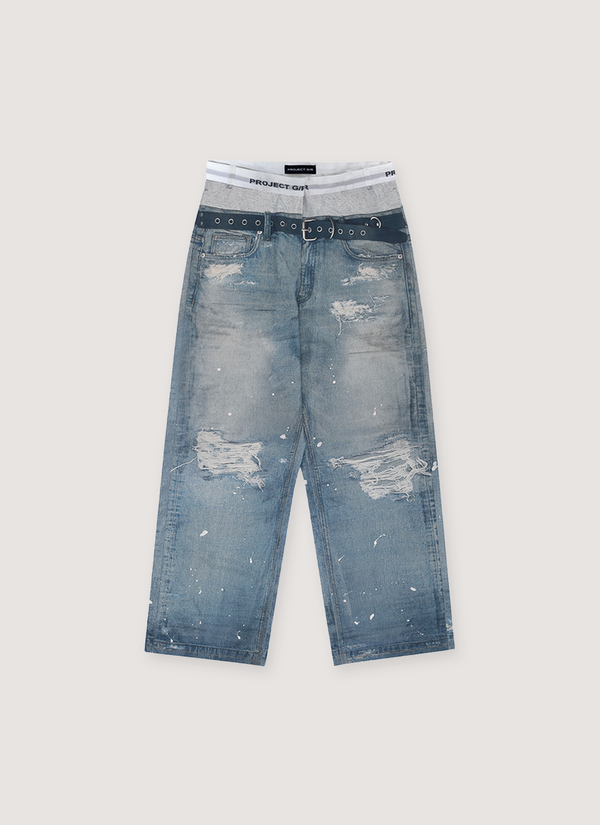 Project G/R Trompe-L'oeil Denim Printed Pants Blue Trompe-L'oeil Denim Printed Pants Blue - Authenticated Trousers | Pieces Los Angeles
