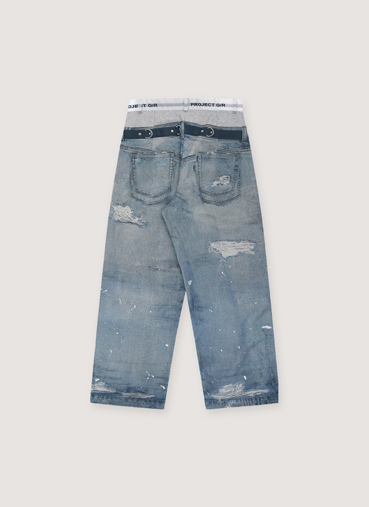 Project G/R Trompe-L'oeil Denim Printed Pants Blue