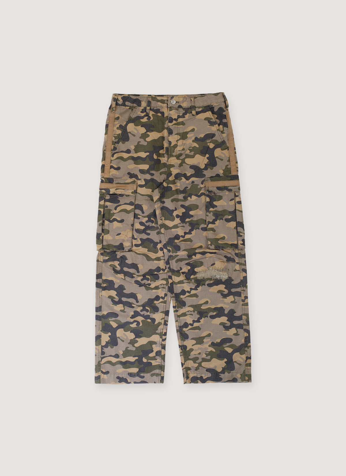Ksubi Troop Cargo Pants Camo khaki with pockets and repair stitch on the left knee, front view Ksubi Troop Cargo Pants Camo - Image 1 | Authenticated at Pieces Los Angeles
