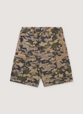 Ksubi Troop Cargo Shorts Camo Camouflage green, black, grey, khaki, tan, earth tones, with pockets, front view Ksubi Troop Cargo Shorts Camo - Image 1 | Authenticated at Pieces Los Angeles