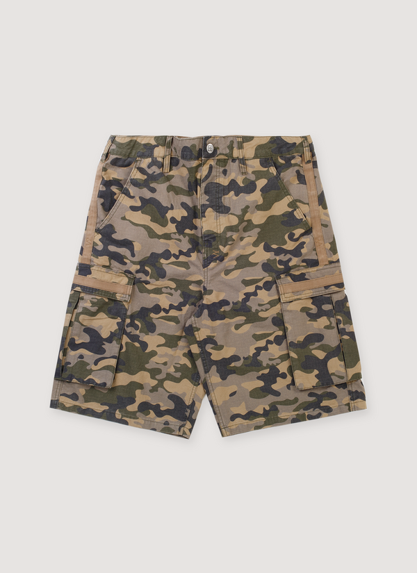 Ksubi Troop Cargo Shorts Camo Camouflage green, black, grey, khaki, tan, earth tones, with pockets, front view Troop Cargo Shorts Camo - Authenticated Shorts | Pieces Los Angeles