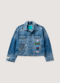 Paly Hollywood Try Hard Denim Trucker Jacket Indigo Blue with distressed detailing, printed logos and patches all over, front view Paly Hollywood Try Hard Denim Trucker Jacket Indigo - Image 1 | Authenticated at Pieces Los Angeles
