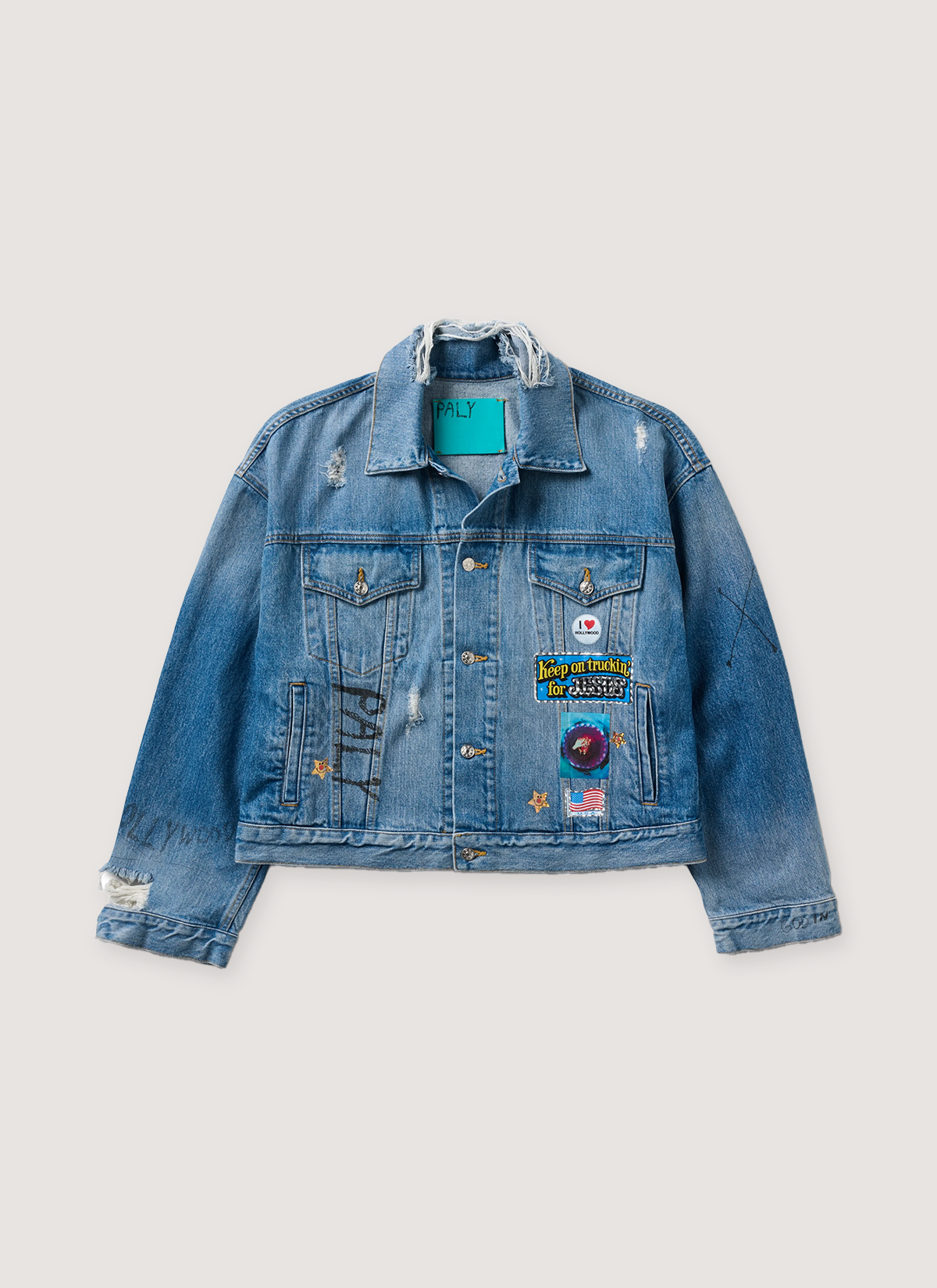 Paly Hollywood Try Hard Denim Trucker Jacket Indigo Blue with distressed detailing, printed logos and patches all over, front view Paly Hollywood Try Hard Denim Trucker Jacket Indigo - Image 1 | Authenticated at Pieces Los Angeles