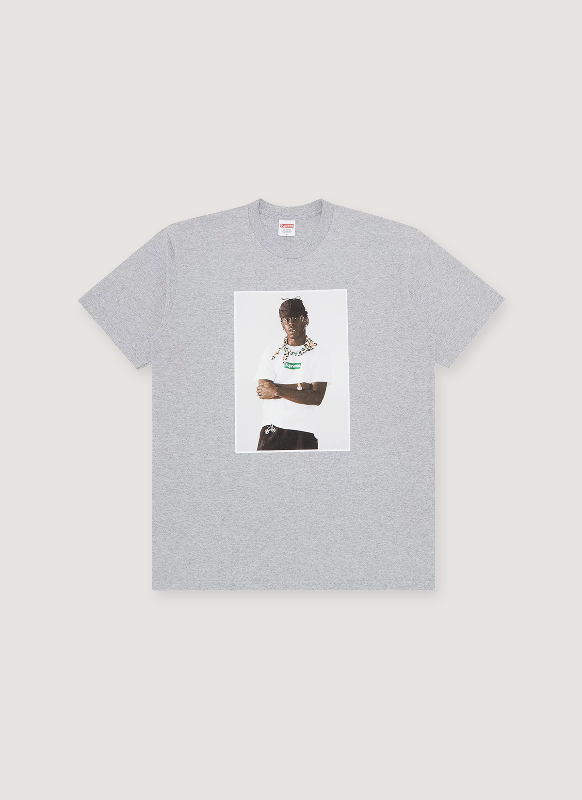 Supreme Tyler, The Creator Tee Shirt Heather Grey with a graphic of tyler, front view