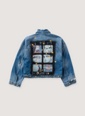 Paly Hollywood Try Hard Denim Trucker Jacket Indigo Blue with distressed detailing, airbrushed artwork faces of people, back view Paly Hollywood Try Hard Denim Trucker Jacket Indigo - Image 2 | Authenticated at Pieces Los Angeles