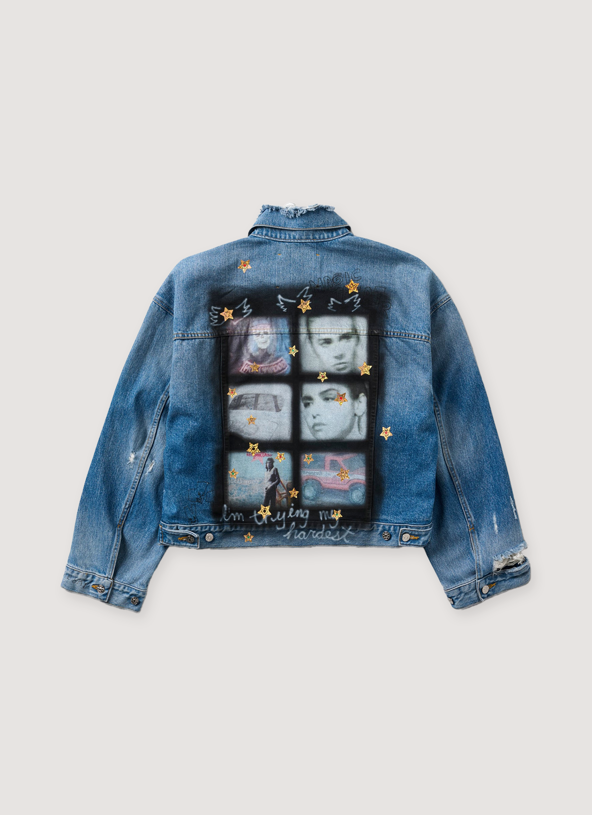 Paly Hollywood Try Hard Denim Trucker Jacket Indigo Blue with distressed detailing, airbrushed artwork faces of people, back view Paly Hollywood Try Hard Denim Trucker Jacket Indigo - Image 2 | Authenticated at Pieces Los Angeles