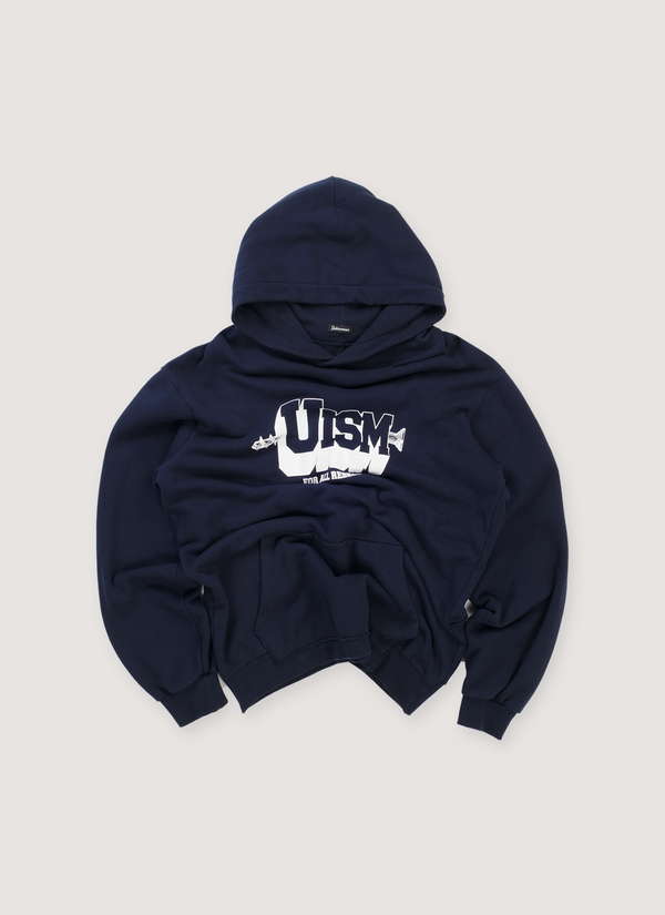 Unvercoverism UISM Deconstructed Sweatshirt Navy Hoodie (Pre-Owned) loopback cotton jersey, deconstructed, reconstructed, with printed logo that says UISM, front view UISM Deconstructed Sweatshirt Navy (Pre-Owned) - Authenticated Sweatshirts | Pieces Los Angeles