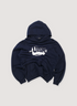 Unvercoverism UISM Deconstructed Sweatshirt Navy Hoodie (Pre-Owned) loopback cotton jersey, deconstructed, reconstructed, with printed logo that says UISM, front view