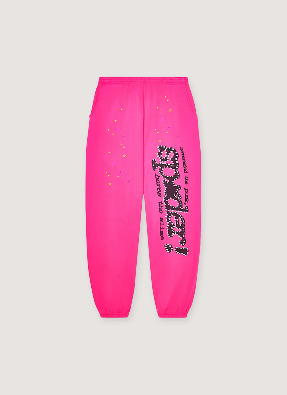 Sp5der Worldwide Punk V2 Sweatpants Magenta Pink with black text and little yellow stars, front view