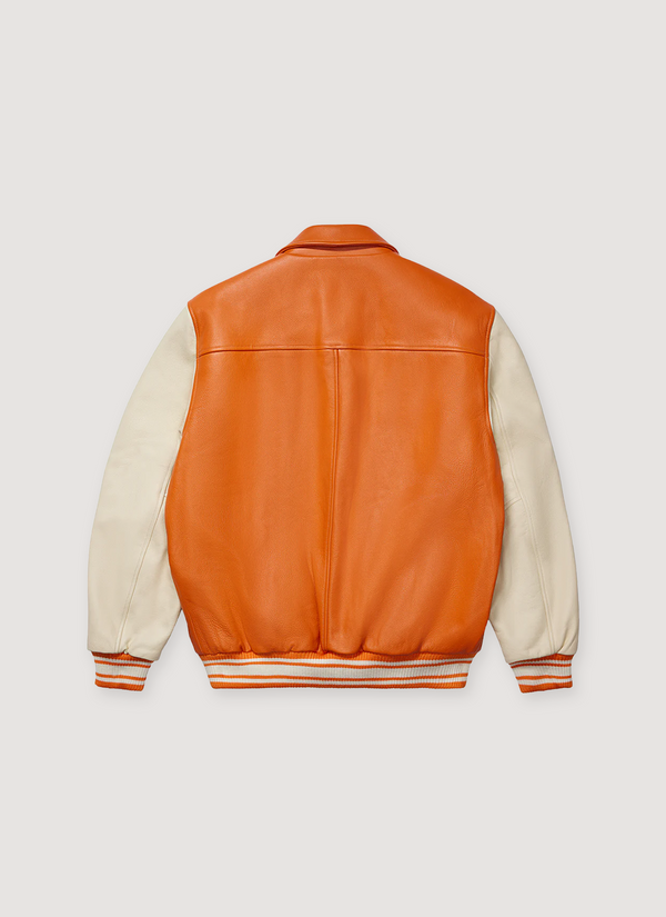 Sp5der Worldwide Leather Varsity Jacket Orange alternate view - Shop at Pieces Los Angeles