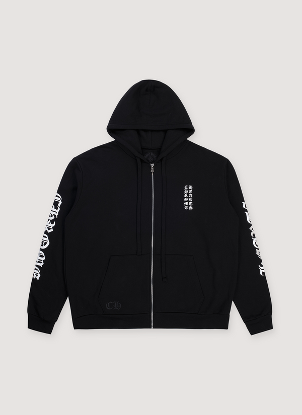 Chrome Hearts Vertical Logo Zip Up Hoodie Sweatshirt Logo Black with printed white logos, adjustable drawstring, zipper closure, .925 silver Chrome Hearts dagger pendent, front view Vertical Logo Zip Up Sweatshirt Logo - Authenticated Sweatshirts | Pieces Los Angeles