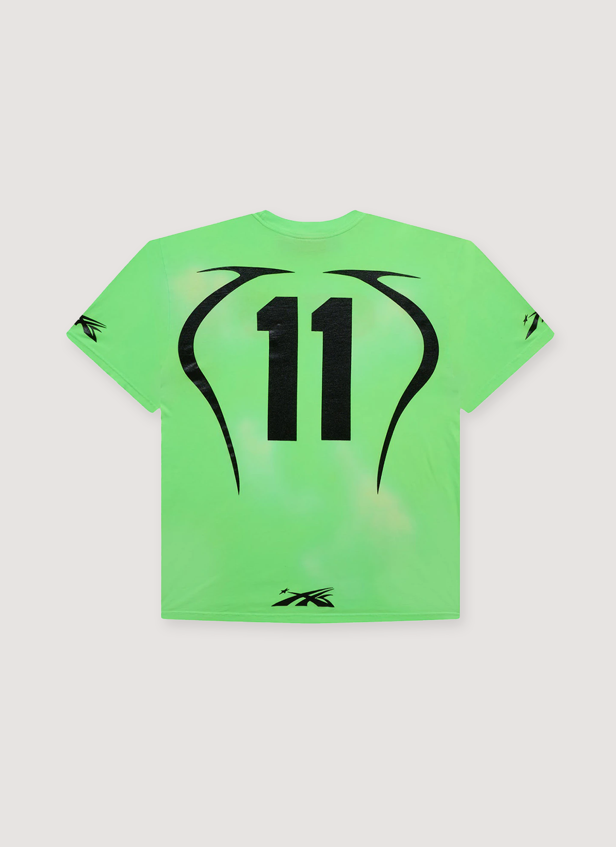 Hellstar Warm Up Tee Shirt Neon Green with the number 11 in black, black details, washed look and distressed, back view Hellstar Warm Up Tee Neon - Image 2 | Authenticated at Pieces Los Angeles