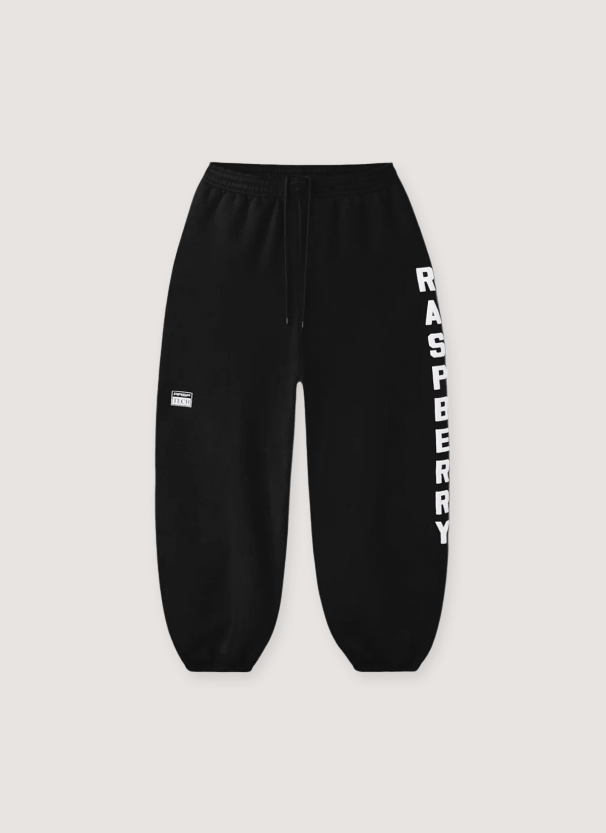 GV Gallery Weekday Sweatpants Black with "RASPBERRY" print going down the leg, front view GV Gallery Weekday Sweatpants Black - Image 1 | Authenticated at Pieces Los Angeles