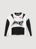 Happy Memories Don't Die HMDD Motoeaux Jersey Long Sleeve White Black motorcross with Y2K logo, front view HMDD Motoeaux Jersey White - Image 1 | Authenticated at Pieces Los Angeles