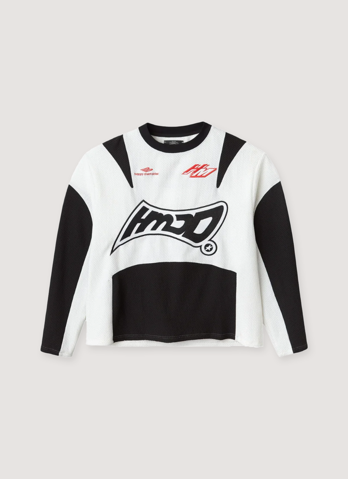Happy Memories Don't Die HMDD Motoeaux Jersey Long Sleeve White Black motorcross with Y2K logo, front view HMDD Motoeaux Jersey White - Image 1 | Authenticated at Pieces Los Angeles