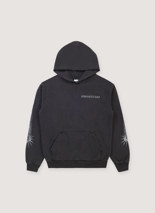 Basketcase Gallery Wings Sweatshirt Vintage Black Hoodie with custom garent dye and wash, printed logos, ribbed cuff and waist hem, front view Wings Sweatshirt Vintage Black - Authenticated Sweatshirts | Pieces Los Angeles