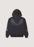 Basketcase Gallery Wings Sweatshirt Vintage Black Hoodie with custom garent dye and wash, printed logos, ribbed cuff and waist hem, angel wings graphic, back view Basketcase Gallery Wings Sweatshirt Vintage Black - Image 2 | Authenticated at Pieces Los Angeles