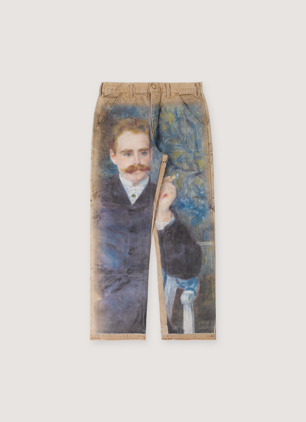 Better With Age Winston Double-Knee Trouser Tan Pants with full print leg panel of an artist/painter, front view Winston Double-Knee Trouser Tan - Authenticated Trousers | Pieces Los Angeles