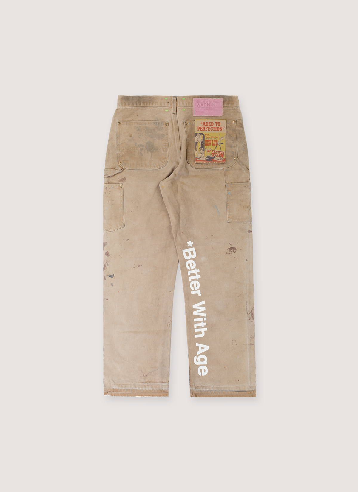 Better With Age Winston Double-Knee Trouser Tan Pants with white graphic logo text on the leg, back view Better With Age Winston Double-Knee Trouser Tan - Image 2 | Authenticated at Pieces Los Angeles