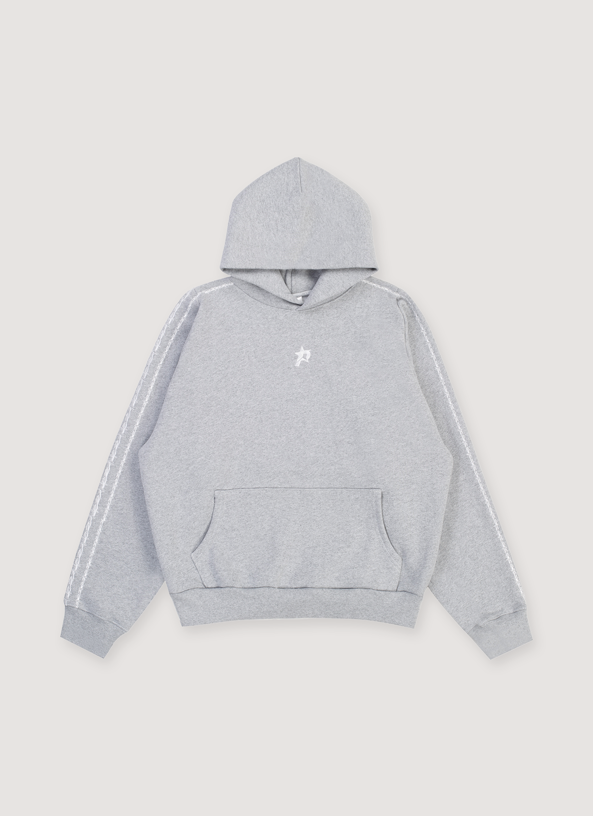 Pieces Wired Sweatshirt Heather Grey hoodie with small P star logo and three wired stripes going down the sleeves like Adidas, front view