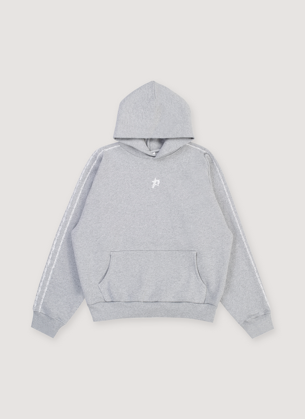 Pieces Wired Sweatshirt Heather Grey hoodie with small P star logo and three wired stripes going down the sleeves like Adidas, front view Wired Sweatshirt Heather Grey - Authenticated Sweatshirts | Pieces Los Angeles