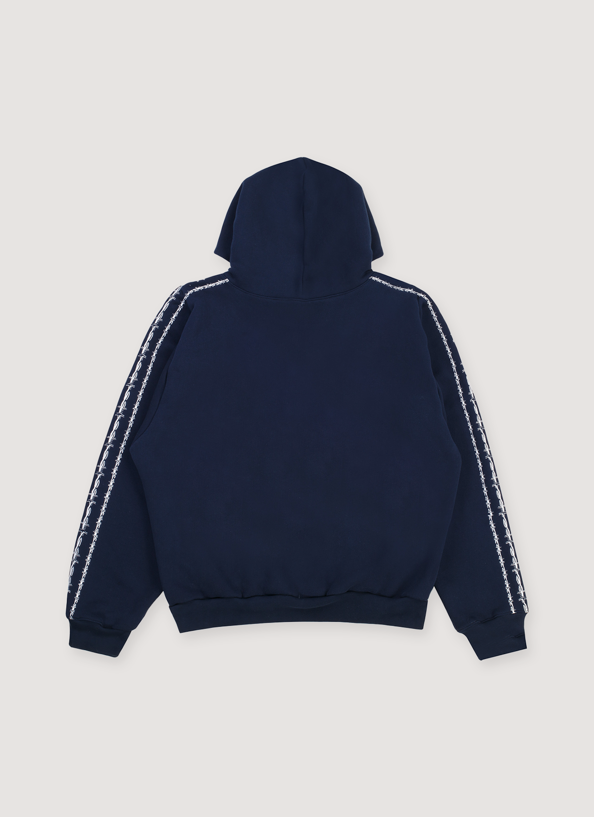 Pieces Wired Sweatshirt Navy Blue with 3 white barbed wire lines running down the sleeves like Adidas,  back