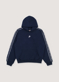 Pieces Wired Sweatshirt Navy Blue with 3 white barbed wire lines running down the sleeves like Adidas, small P star logo in the middle of the chest, front view Pieces Wired Sweatshirt Navy - Image 1 | Authenticated at Pieces Los Angeles