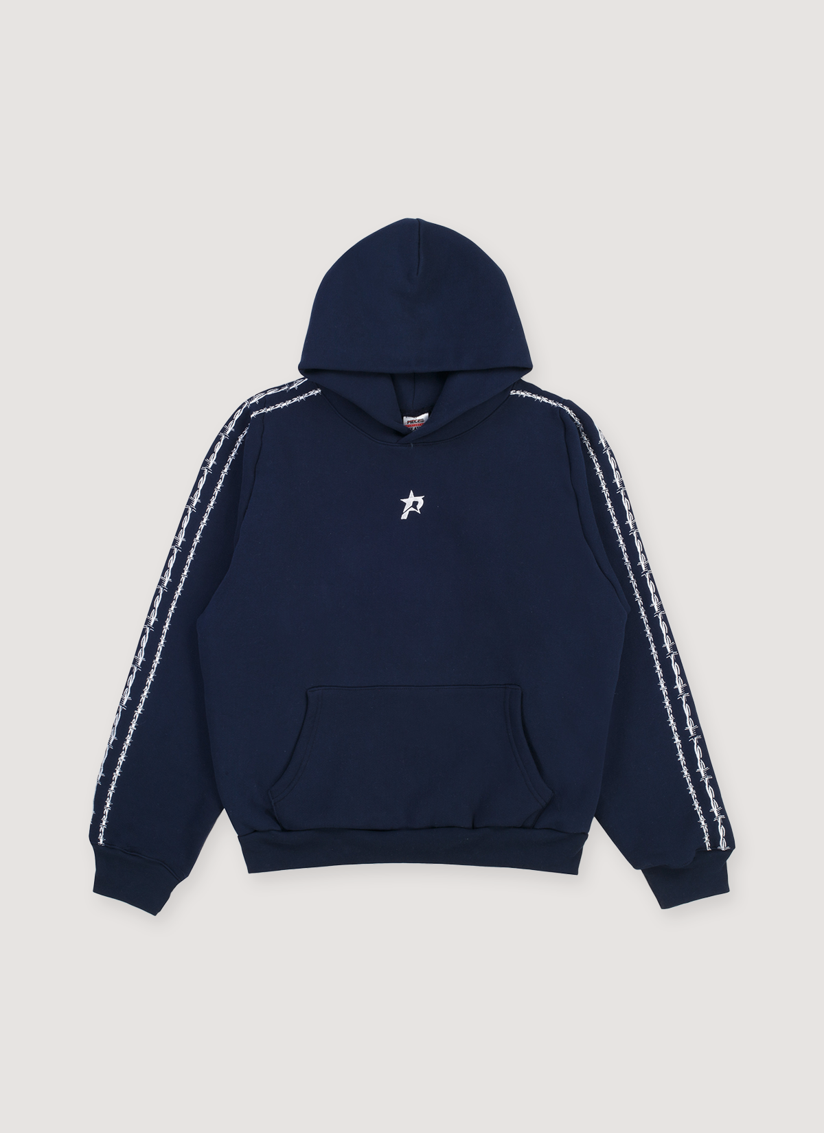 Pieces Wired Sweatshirt Navy Blue with 3 white barbed wire lines running down the sleeves like Adidas, small P star logo in the middle of the chest, front view