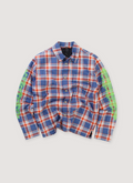 Chrome Hearts Workn Padded Flannel Shirt Blue Red (Pre-Owned) plaid longsleeve with green chrome graphic details on the sleeves, front view Chrome Hearts Workn Padded Flannel Shirt Blue Red (Pre-Owned) - Image 1 | Authenticated at Pieces Los Angeles
