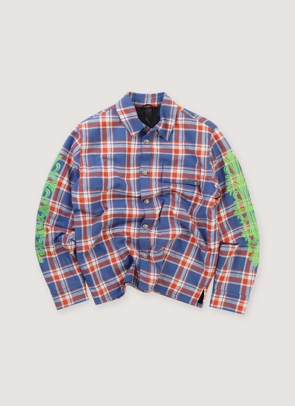 Chrome Hearts Workn Padded Flannel Shirt Blue Red (Pre-Owned) plaid longsleeve with green chrome graphic details on the sleeves, front view Workn Padded Flannel Shirt Blue Red (Pre-Owned) - Authenticated Jackets | Pieces Los Angeles