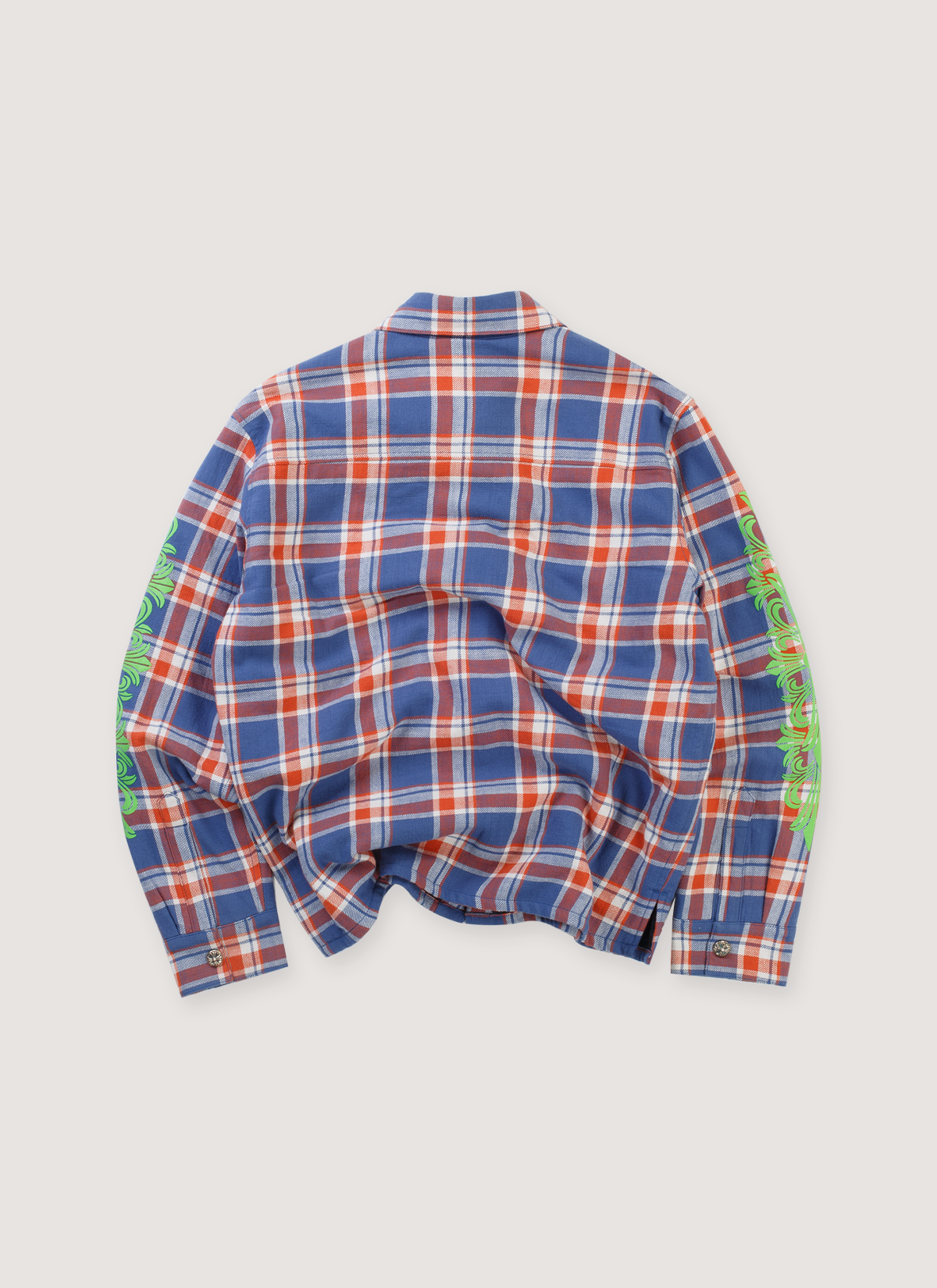 Chrome Hearts Workn Padded Flannel Shirt Blue Red (Pre-Owned) plaid longsleeve with green chrome graphic details on the sleeves, back view Chrome Hearts Workn Padded Flannel Shirt Blue Red (Pre-Owned) - Image 2 | Authenticated at Pieces Los Angeles