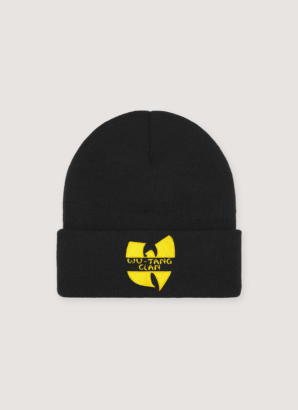 Supreme Wu-Tang Clan beanie black, acrylic, cuffed, with yellow embroidered logo, front view Wu-Tang Clan Beanie - Authenticated Beanies | Pieces Los Angeles