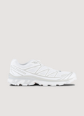 Salomon XT-6 White Lunar Rock (Pre-Owned) single layer mesh upper, abrasion-resistant TPU material, mud contagrip outsole, textile lining, quicklace system, EndoFit internal sleeve, side profile view Salomon XT-6 White Lunar Rock (Pre-Owned) - Image 1 | Authenticated at Pieces Los Angeles