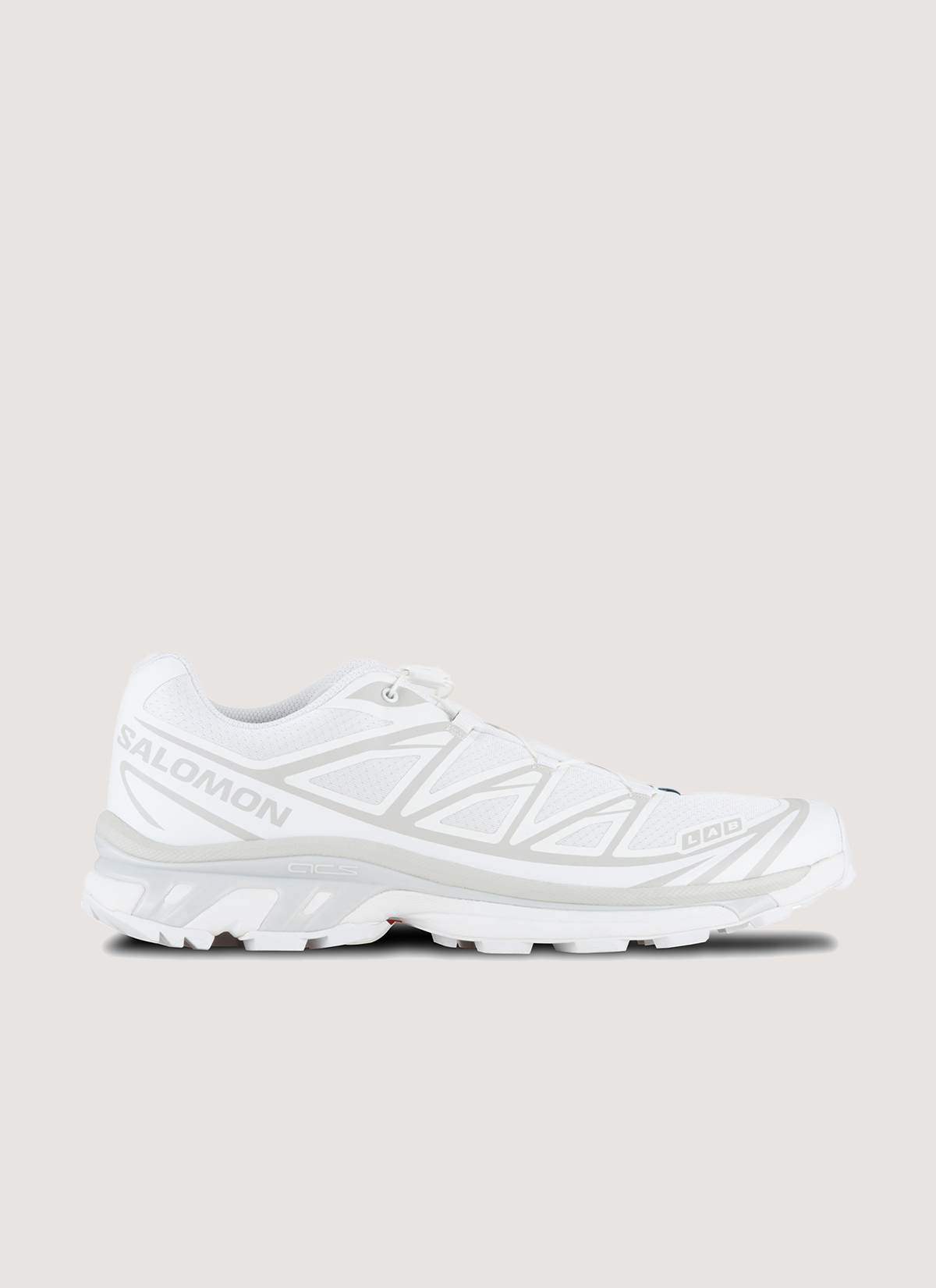 Salomon XT-6 White Lunar Rock (Pre-Owned) single layer mesh upper, abrasion-resistant TPU material, mud contagrip outsole, textile lining, quicklace system, EndoFit internal sleeve, side profile view
