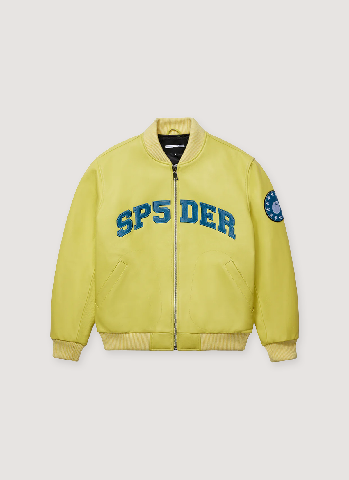 Sp5der Worldwide Leather Logo Bomber Jacket Yellow