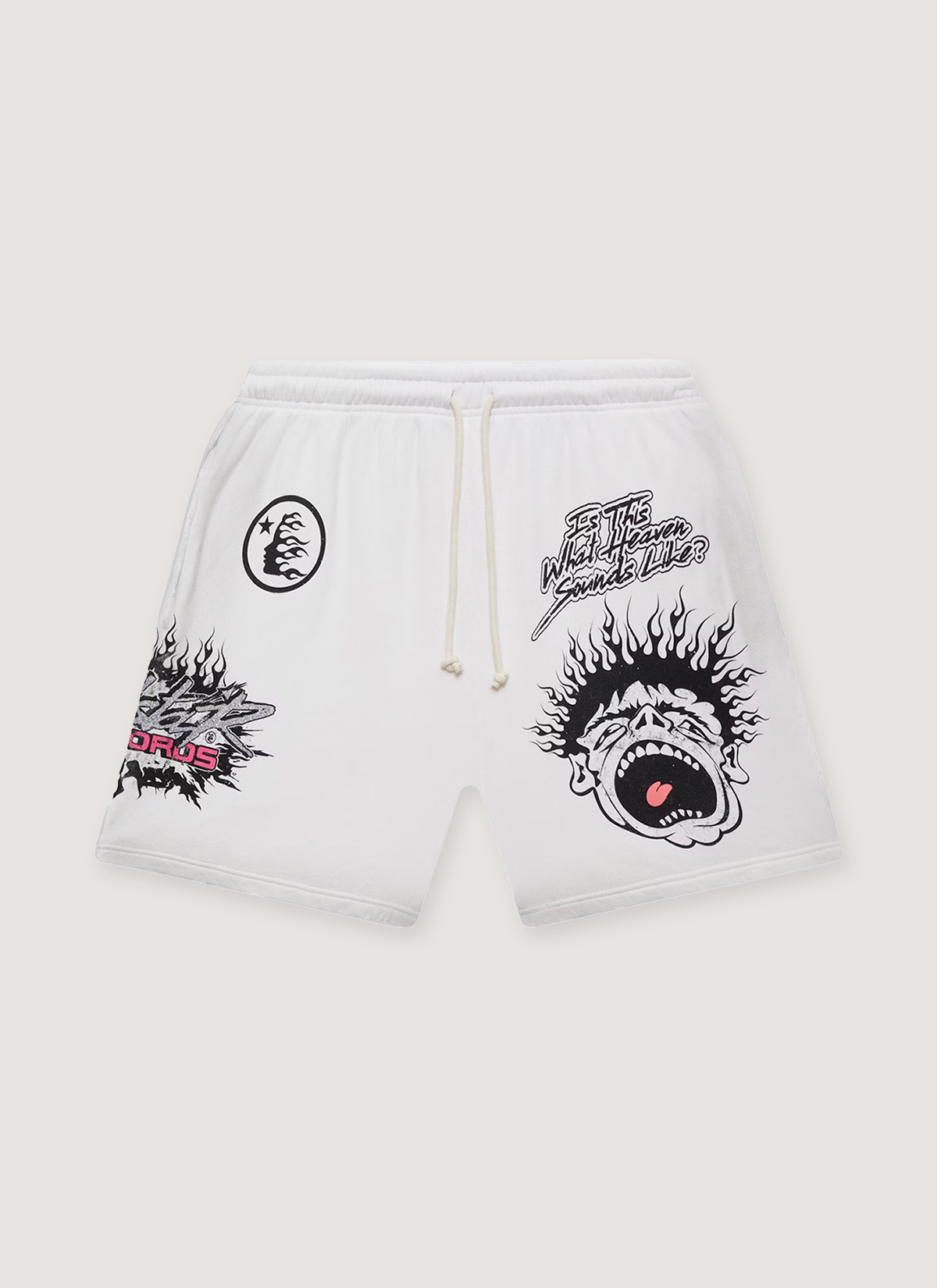 Hellstar Records Shorts White custom milled fleece with elasticized waist, adjustable drawstring, potassium sprayed, printed graphics of a cartoon yelling kid face, glitter print logo, oversized fit, front view
