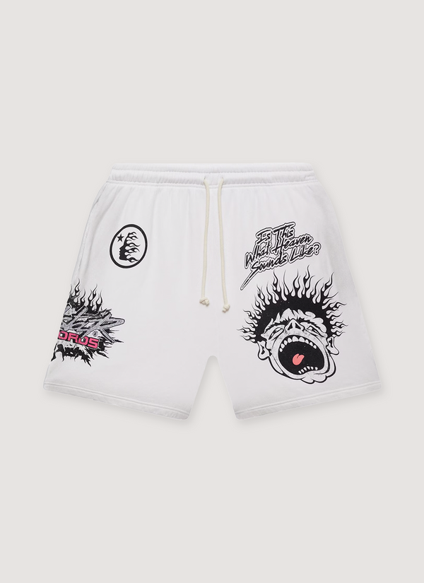 Hellstar Records Shorts White custom milled fleece with elasticized waist, adjustable drawstring, potassium sprayed, printed graphics of a cartoon yelling kid face, glitter print logo, oversized fit, front view Records Shorts White - Authenticated Shorts | Pieces Los Angeles