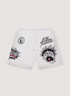Hellstar Records Shorts White custom milled fleece with elasticized waist, adjustable drawstring, potassium sprayed, printed graphics of a cartoon yelling kid face, glitter print logo, oversized fit, front view