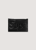 Supreme Leather Zip Card Holder Black with calfskin leather, debossed logo, zip closure, three card slots, front view Supreme Leather Zip Card Holder - Image 3 | Authenticated at Pieces Los Angeles
