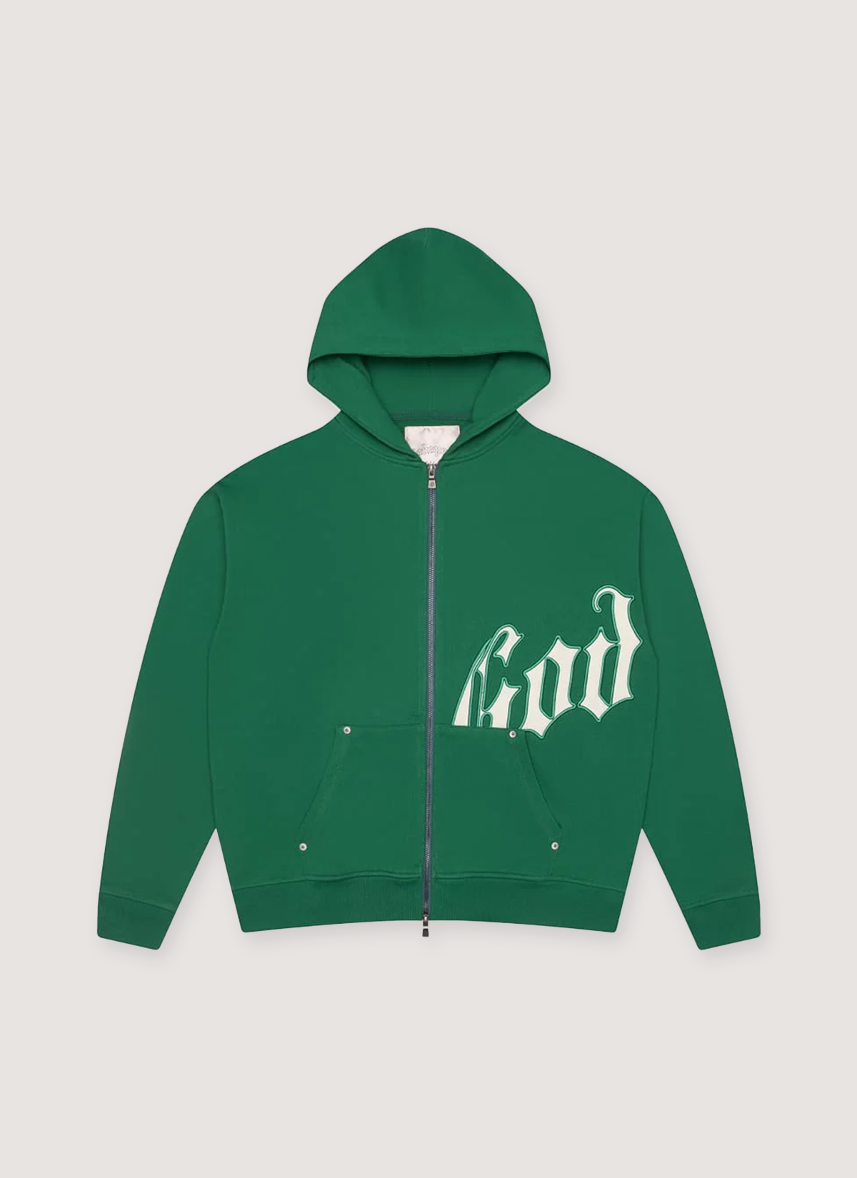 Godspeed New York OG Logo Zip Up Sweatshirt V2 Green hoodie with white graphic text, front view Godspeed New York OG Logo Zip Up Sweatshirt V2 - Image 4 | Authenticated at Pieces Los Angeles